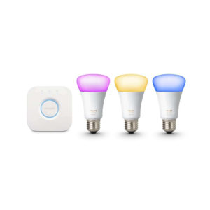 Frontansicht Philips Hue E27 Multicolor Starter Set Frontansicht, bestehend aus der Bridge und 3 E27 Lampen