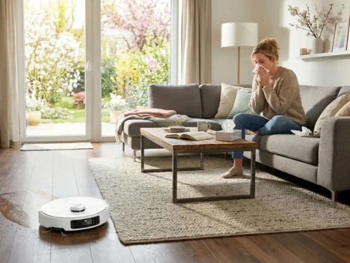 MOVA P50 Ultra Pro fährt im Frühjahr durchs Wohnzimmer und wischt den Hartboden. Eine Frau sitzt auf dem Sofa und niest ins Taschentuch. Hier wird verdeutlicht, wie Saugroboter sich für Allergiker:innen eignen.