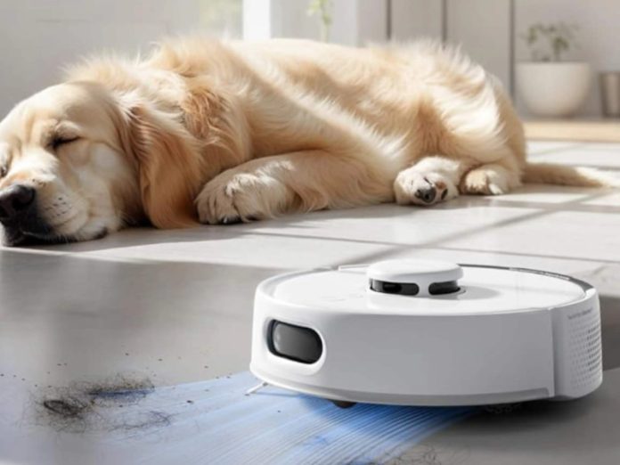Saugroboter Tierhaare: SwitchBot K10+ Pro saugt, Retriever liegt daneben
