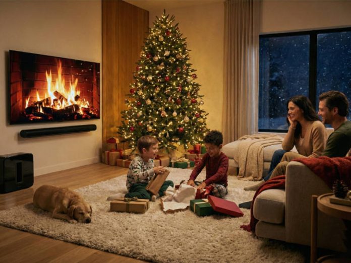 Bescherung mit Smart Home: Familie im Wohnzimmer, Weihnachtsbaum im Hintergrund, Fernseher mit Sonos Arc und Sonos Sub 4, Kinder packen Geschenke aus
