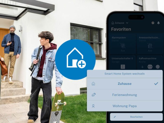 Bosch Home+ Abo - Funktionen in der App gezeigt und Familie verlässt das Haus