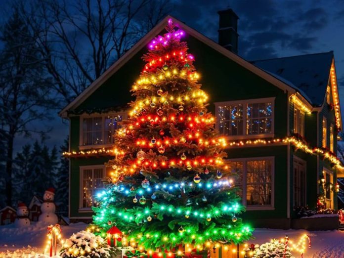 Smarte Lichterketten: Ein verschneites grünes Haus, geschmückt mit warmweißen Lichterketten, im Vordergrund ein Weihnachtsbaum, der in der Dämmerung mit programmierbaren, regenbogenfarbenen (lila, rot, gelb, cyan, grün) Govee RGBWIC-Lämpchen beleuchtet ist.