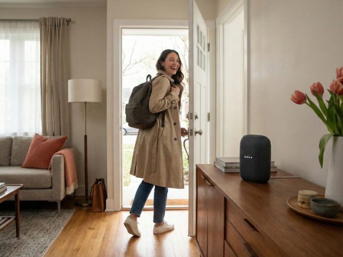 Ein dunkelgrauer Smart Speaker (Google Home/Nest) auf einer Holzkommode. Der Lautsprecher ist möglicherweise mit der Anwesenheitserkennung beschäftigt, da gerade eine lächelnde Frau die Haustür betritt.