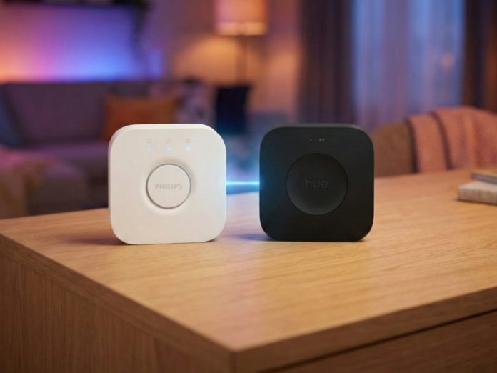 Zwei Philips Hue Bridges (weiß und schwarz) auf einem hellbraunen Tisch vor einem Hintergrund aus violetten und orangefarbenen Smart-Leuchten, relevant für die Migration der Philips Hue Bridge Pro.