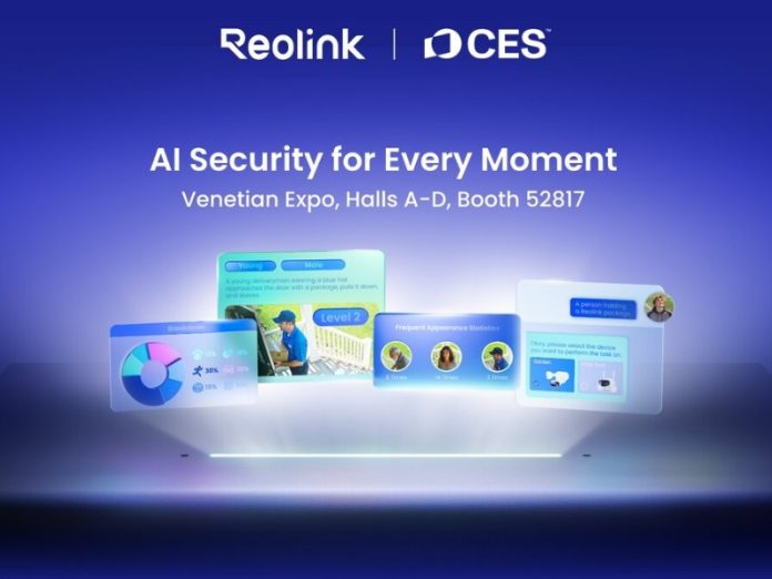 Visuelle Darstellung der Reolink AI-Sicherheitsfunktionen vor einem dunkelblauen Hintergrund. Verschiedene transparente, cyanfarbene Bildschirme zeigen Statistiken, Gesichtserkennung und Objektidentifizierung. Werbung für den Reolink CES 2026 Messestand auf der Venetian Expo.