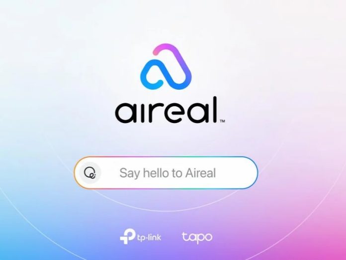 Einführungsbildschirm für TP-Link Aireal AI. Ein geschwungenes, verlaufendes Logo (blau zu rosa) befindet sich über dem Namen „aireal” auf einem sanften, violett-blauen Hintergrund. Unter dem Namen befindet sich eine Textleiste mit der Aufforderung „Say hello to Aireal” und darunter die Logos von TP-Link und Tapo.