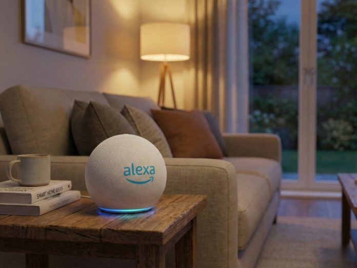 Kugelförmiger, weißer Alexa Smart Speaker (Echo) mit blauem Leuchtring auf einem Beistelltisch in einem warm beleuchteten Wohnzimmer am Abend, symbolisierend die Nutzung von Alexa Skills.