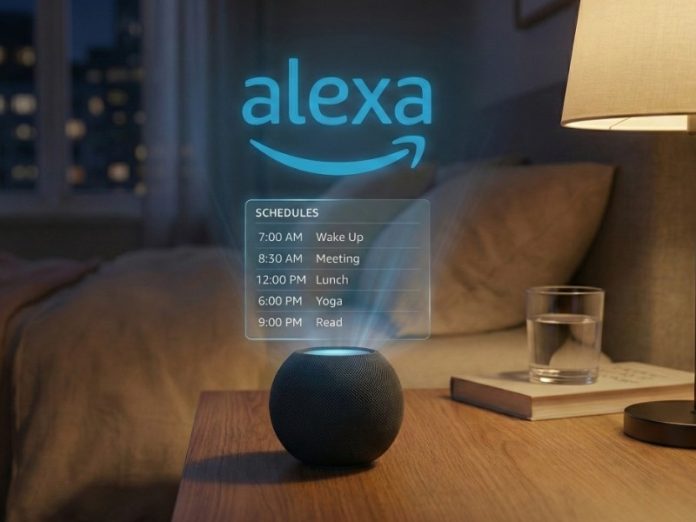 Dunkler Nachttisch mit Smart Speaker, der eine blau leuchtende, holografische Alexa Tagesplanung mit Terminen und dem Alexa-Logo projiziert.
