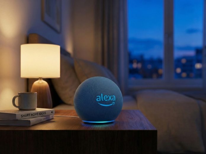 Ein blauer, kugelförmiger Alexa Smart Home Zentrale Smart Speaker auf einem Nachttisch im gedimmten Licht, mit blau leuchtendem Ring und Logo.