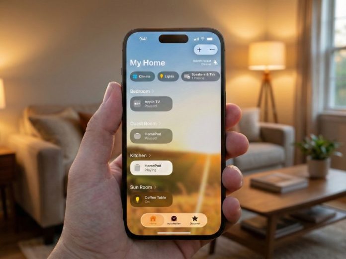 Eine Hand hält ein iPhone, das die Apple Home App mit der „My Home“-Ansicht zur Steuerung von Smart-Home-Geräten anzeigt, eingebettet in einem warm beleuchteten Wohnzimmer.