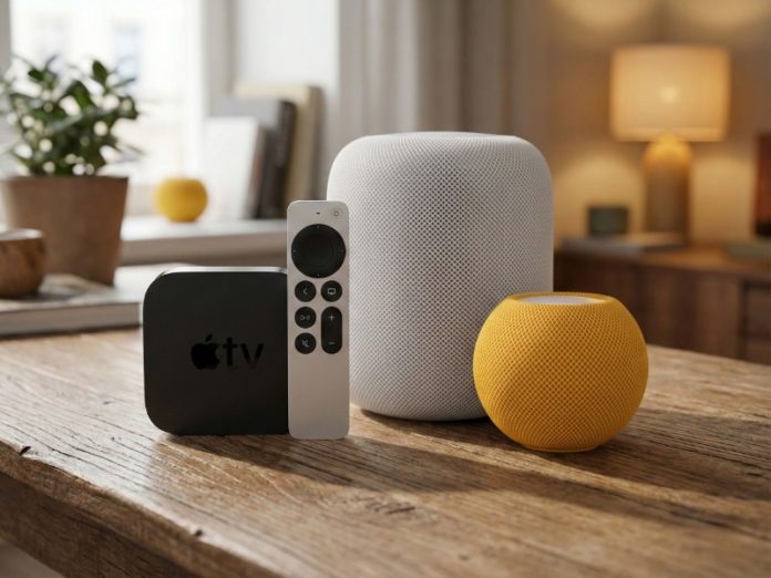 Schwarzes Apple TV, silberne Siri Remote, großer weißer HomePod und kleiner gelber HomePod mini auf einem Holztisch, dargestellt im Kontext von Apple Home Hub Varianten.