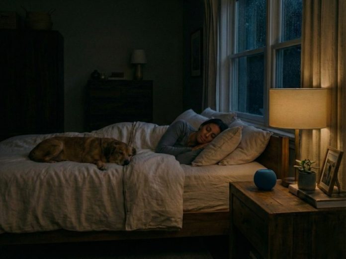 Eine Frau und ihr goldener Hund schlafen in einem abgedunkelten Schlafzimmer, beleuchtet von einer warmen Lampe. Ein blaues Smart-Gerät auf dem Nachttisch deutet auf automatische Kurzbefehle für die Nacht hin.