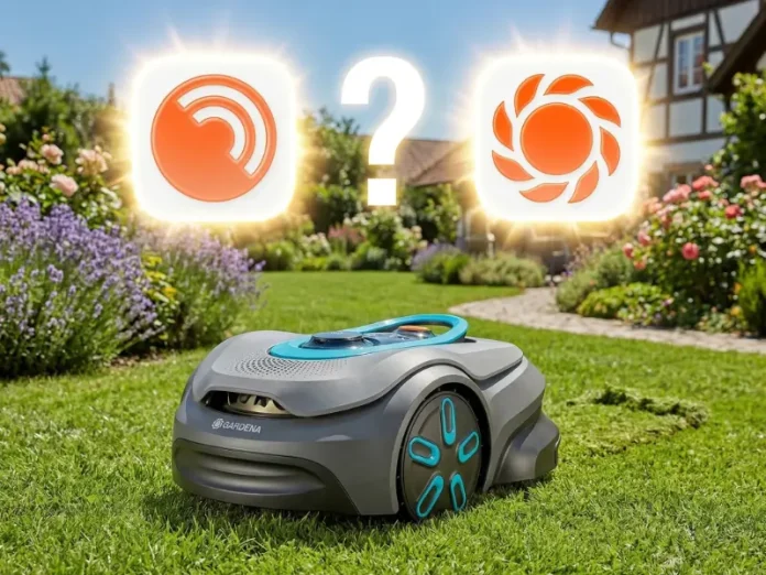 GARDENA smart SILENO sense fährt auf dem Rasen, Haus im Hintergrund. Über dem Mähroboter schweben die Icons der GARDENA Bluetooth App und der GARDENA smart system App mit einem Fragezeichen dazwischen.