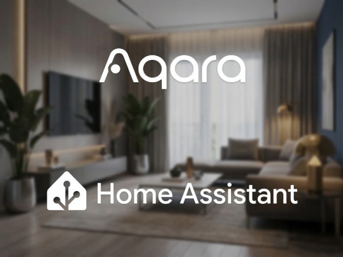 Aqara & Home Assistant Logos, im Hintergrund ist verschwommen ein Wohnzimmer zu sehen