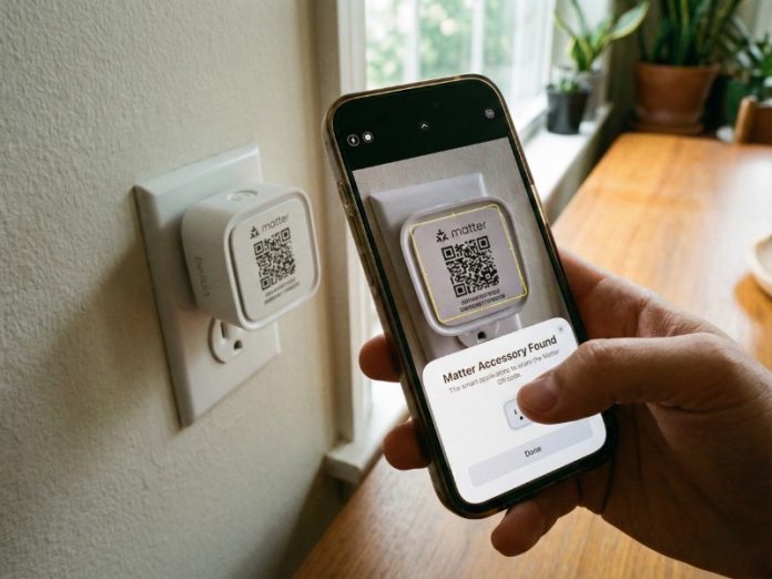 Nahaufnahme einer Hand, die ein Smartphone verwendet, um den Matter QR-Code auf einem weißen Belkin Smart Plug zu scannen und so das Zubehör zu koppeln. Dies zeigt den Prozess zum Matter Apple Home verbinden.