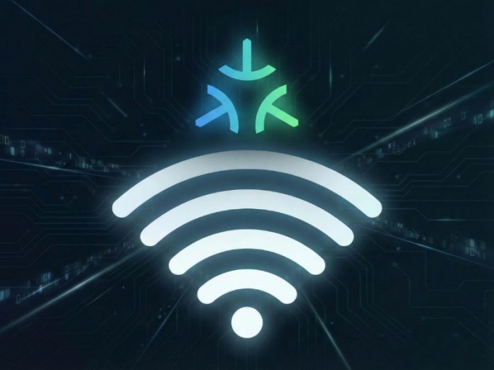 Digitales Diagramm zur Erklärung von Matter über WLAN, mit einem leuchtend weißen WLAN-Symbol und einem Matter-Logo (blau-grün) vor einem dunklen Schaltkreis-Hintergrund.