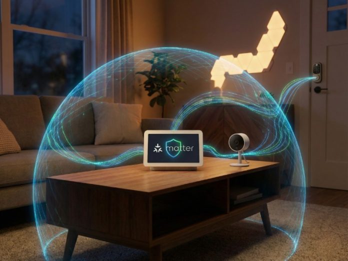 Matter und Sicherheit: Smartes Display und Innenkamera auf dem Wohnzimmertisch, umgeben von einer Blase, die die Matter-Verbindung illustrieren soll. Beide Geräte sind mit dem Türschloss verbunden. Auf dem Display prangt das Matter-Logo mit einem Schild im Hintergrund, um den Sicherheitsaspekt zu verdeutlichen. Im Hintergrund hängen Nanoleaf Light Panels an der Wand, ebenfalls ein Matter-Produkt.