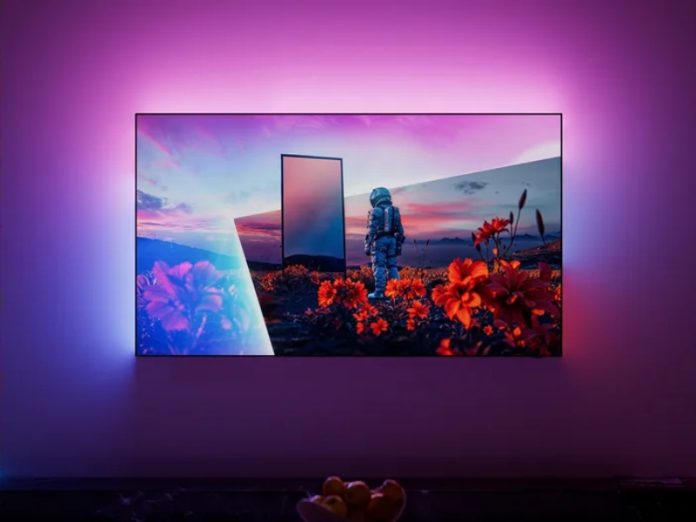 Philips AmbiScape-Fernseher mit einem farbenfrohen Bild eines Astronauten zwischen roten Blumen, umgeben von einem stimmungsvollen violetten und rosa Schimmer an der Rückwand.