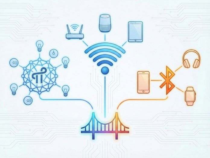 Diagramm zur Smart-Home-Konnektivität mit einem zentralen Gateway (Brücke), das Geräte über blaues Thread-Mesh (Glühlampen), WLAN (Router, Speaker, Tablet) und orangefarbenes Bluetooth (Smartphone, Uhr, Kopfhörer) verbindet. Die Illustration thematisiert: Thread WLAN oder Bluetooth?