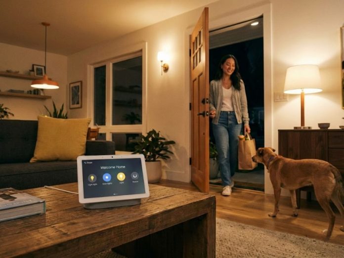 Ein Google Nest Hub auf einem Holztisch im Vordergrund zeigt eine 'Welcome Home'-Szene, die mit dem Google Home Script-Editor erstellt wurde, während eine Frau und ein Hund ein warm beleuchtetes Zimmer betreten.