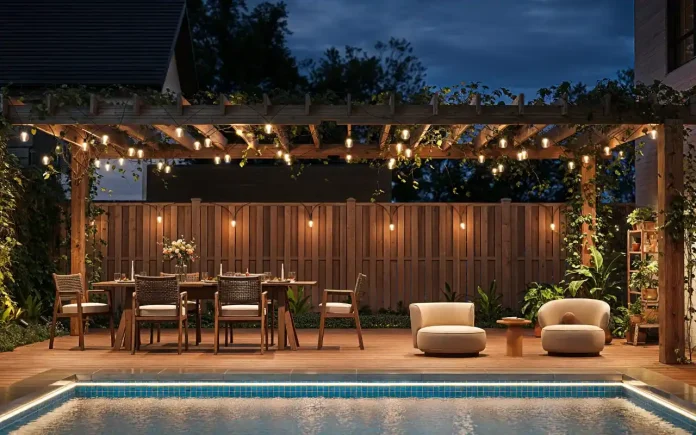 Govee Outdoor Lichterkette am Baldachin über Terrasse am Pool - mit Gartenmöbeln und gemütlicher Atmosphäre am Abend. Hier wurde die Terrasse mit Smart Home gemütlicher gemacht.