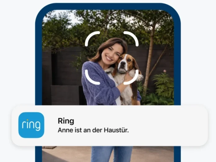 Ring Gesichtserkennung erkennt Frau mit Hund auf dem Arm, die in die Kamera schaut. Abgebildet auf einem Smartphone-Bildschirm mit der Benachrichtigung der Ring-App: 