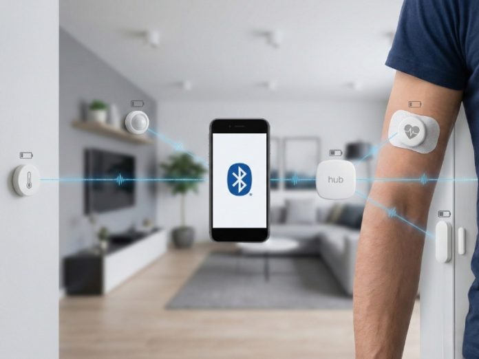 Darstellung der Verbindung verschiedener weißer Smart-Home-Geräte (Thermostat, Bewegungssensor, Türsensor, Hub) und eines medizinischen Sensors am Arm über Bluetooth Low Energy (BLE) zu einem zentralen Smartphone mit blauem Bluetooth-Logo, in einem modernen Wohnzimmer.