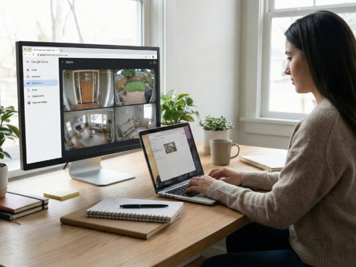 Eine Frau nutzt einen Laptop an einem hellen Schreibtisch, während auf einem großen Monitor der Google Home Browser mit vier Live-Kameraansichten der häuslichen Sicherheit zu sehen ist.