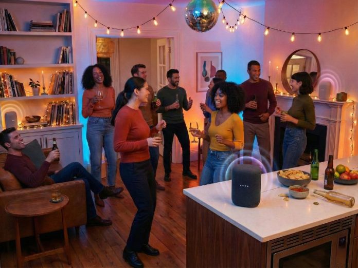 Party im Wohnzimmer mit Beleuchtung und Google Home Speaker auf dem Tisch. Hier wird verdeutlicht, wie einfach das Casten auf Google Home Speaker und Multiroom-Gruppen ist.