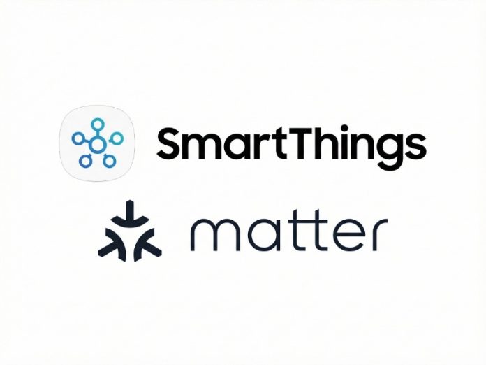 Die Logos und Schriftzüge von Samsung SmartThings und Matter. Das SmartThings-Symbol ist ein blaues Netzwerk aus verbundenen Punkten, das Matter-Symbol ist dunkelblau.