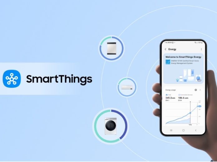Ein Smartphone-Display zeigt die SmartThings Energy App zur Überwachung des Stromverbrauchs von vernetzten Haushaltsgeräten auf hellblauem Hintergrund, ideal für die Nutzung von SmartThings ohne Samsung.