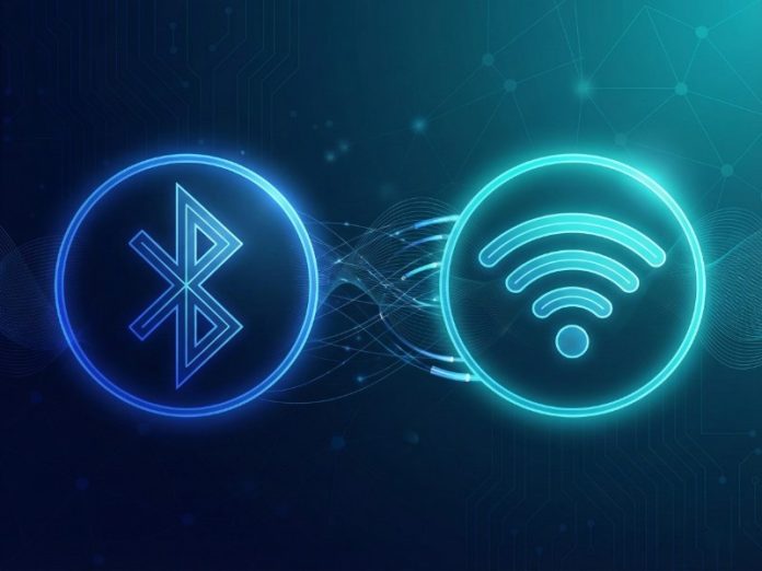 Leuchtende, nebeneinander liegende Symbole für Bluetooth (dunkelblau) und WLAN (cyanblau) auf dunklem Technologie-Hintergrund, die den Vergleich WLAN vs. Bluetooth illustrieren.