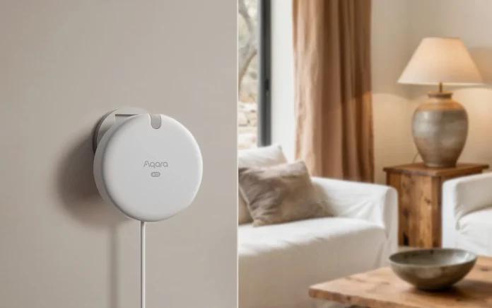 Aqara FP400 Präsenzsensor an der Wand im Wohnzimmer - Sofa, Couchtisch und Fenster im Hintergrund