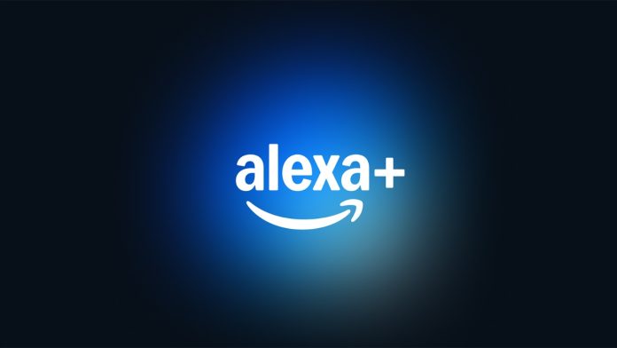 Das weiße Alexa+ Logo mit dem charakteristischen Lächeln auf einem dunkelblauen Hintergrund mit einem sanften, hellblauen Leuchten in der Mitte.