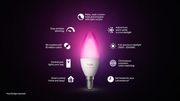 Philips Hue E14 Upgrade-Kerzenlampe mit einem leuchtend rosa Lichtschein, umgeben von verschiedenen weißen Symbolen, die vor einem dunklen Hintergrund intelligente Funktionen wie Farbeinstellungen und Dimmen veranschaulichen.