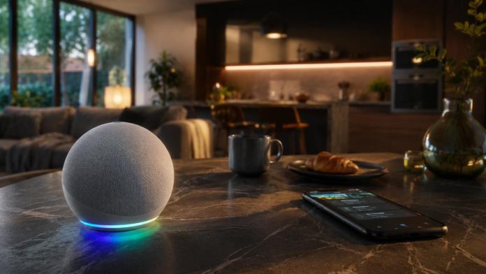 Weißer, kugelförmiger Smart Speaker mit einem leuchtenden blauen und grünen Ring auf einer dunklen Marmorarbeitsplatte für Smart-Home-KI-Funktionen, neben einem Smartphone in einer stimmungsvoll beleuchteten modernen Küche.