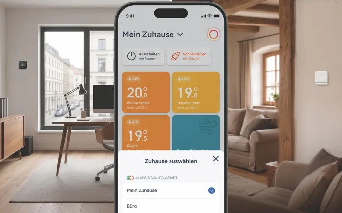 tado° App zeigt Multi-Home-Funktion an: Wechsel des Zuhauses ist jetzt möglich. Im Hintergrund ein Wohnzimmer mit tado°-Thermostaten an der Wand.