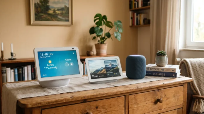 Echo Show, Nest Hub und HomePod im Wohnzimmer auf einer Holzkommode dienen zur Veranschaulichung von Thread Border Routern.
