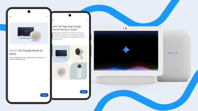 Google Nest Hub 2. Gen mit Gemini-Logo auf dem Bildschirm und Google Nest Audio mit Lila leuchtender Anzeige - Smartphone-Bildschirme zeigen 