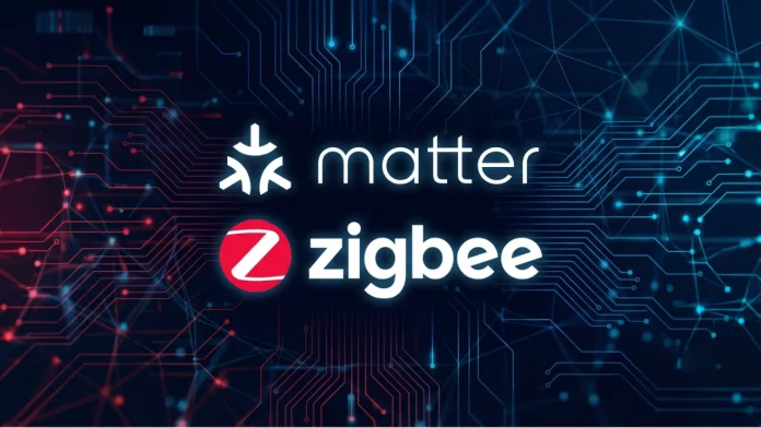 Das weiße Matter-Logo und das rot-weiße Zigbee-Logo auf dunklem Hintergrund mit leuchtenden blauen und roten Schaltkreisen, um die Zusammenarbeit zwischen Zigbee und Matter zu veranschaulichen.