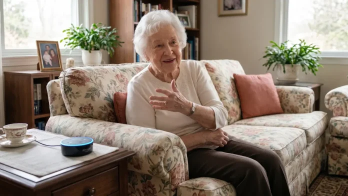 Eine ältere Frau mit weißem Haar lächelt in ihrem Wohnzimmer, während sie auf einer blumigen Couch mit einem terrakottafarbenen Kissen sitzt. Neben ihr steht ein schwarzer Smart-Lautsprecher (Smart Home für Senioren) mit einem blauen Ring.