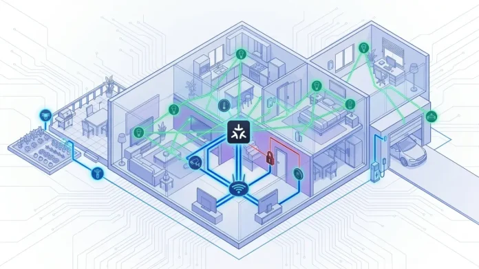 Isometrische blau-grüne Illustration eines Smart-Home-Grundrisses, die das Konzept „Was ist ein Smart-Home-Protokoll?“ veranschaulicht. Ein zentraler schwarzer Hub verbindet über grüne Linien smarte Lampen und Sensoren (Mesh-Netzwerk), über blaue Linien den WLAN-Router und Unterhaltungsgeräte sowie über eine rote Linie Sicherheitsgeräte wie beispielsweise ein Türschloss.