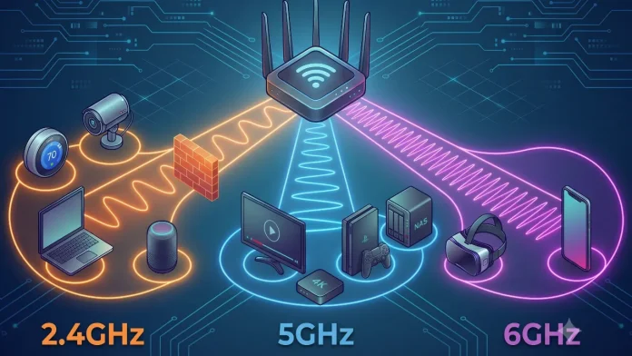 Ein Tri-Band-WLAN-Router in einer dunkelblauen Tech-Umgebung veranschaulicht die Reichweite und Geschwindigkeit der WLAN Frequenz 2,4 GHz (orange, durch Wände hindurch), 5 GHz (hellblau, Medien/Gaming) und 6 GHz (lila, VR/Mobilgeräte). Die Geschwindigkeiten und die Durchdringung bei 2,4 GHz, 5 GHz und 6 GHz werden dargestellt.
