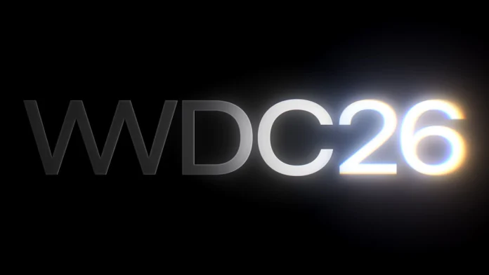 Der Schriftzug „WWDC26“ auf schwarzem Hintergrund für die WWDC 2026, mit strahlend weißen Ziffern, die einen chromatischen Schimmer ausstrahlen.