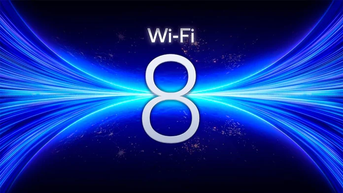 Wi-fi 8 Schriftzug auf schwarzem Hintergrund mit blau leuchtenden Streifen