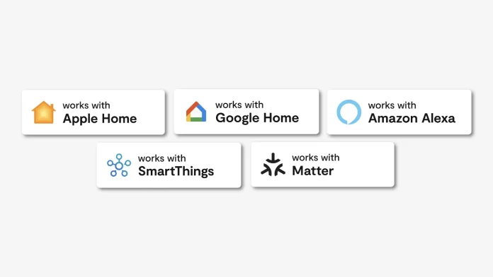 Works With Badges von Apple Home, Google Home, Amazon Alexa, Samsung SmartThings und Matter. Sie verdeutlichen die Kompatibilität unterschiedlicher Smart Home Systeme.