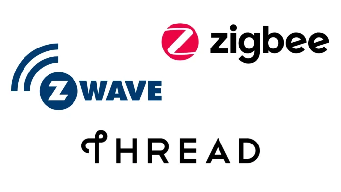 Zigbee., Z-Wave- und Thread-Logo auf weißem Hintergrund für den Vergleich der Funkstandards