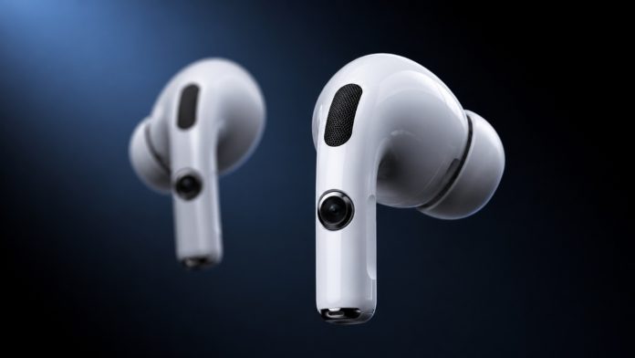 Eine Nahaufnahme von zwei weißen AirPods mit Kameralinsen an den Stielen, die vor einem stimmungsvollen dunkelblauen Hintergrund schweben.