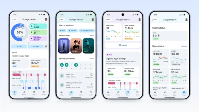 Google Health App 5.02 Update – vier Smartphone-Bildschirme zeigen unterschiedliche App-Screens der Google Health App