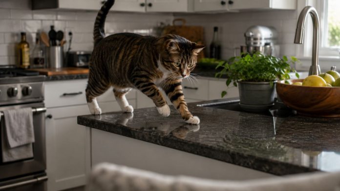 Eine Katze mit braunen und schwarzen Streifen und weißen Pfoten läuft über eine Arbeitsplatte aus dunklem Granit in einer hellen Küche – festgehalten als „Google Home Pet Memory“.